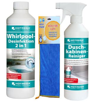 Whirlpool Pflege Set - bestehend aus Hotrega H150200 Whirlpool-Desinfektion 2 in1, HOTREGA H160470 Duschkabinen-Reiniger, Microfasertuch für Küche, Badezimmer. (Top Qualität 40 x 40 cm.)