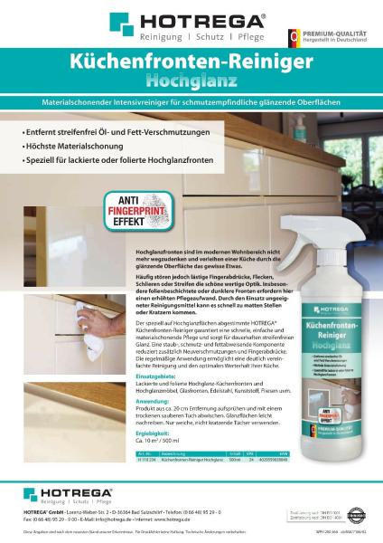 Küchenfronten-Reiniger Hochglanz. Materialschonender Intensivreiniger für schmutzempfindliche glänzende Oberflächen
